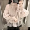 Blusas para mujer Camisas para mujer Moda Otoño Mujeres Dulces Perlas Burbuja Manga Perlas Botón Gasa Señoras Elegante Camisa de malla Blusas D DHCYG