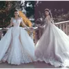 Sereia renda sem costas novos vestidos de casamento com trem destacável mangas compridas frisado tule overskirt dubai árabe vestidos de noiva