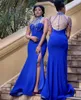 Royal Blue Mermaid Split Bridesmaid Dresses Crystals Beadings High Neck Side Slit Maid of Honor Gowns With Zipper Back Wedding Party Gowns