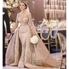 Champagne arabiska sjöjungfru Dubai bröllopsklänningar med avtagbart tåg hög hals D spets långa ärmar brudklänningar