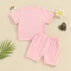 Pudcoco Mädchen Sommer 2PCS Shorts Sets Kurzarm Brief Blume Stickerei Tops Einfarbig Schwester Passenden Outfits 240314