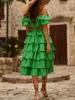 Costume da bagno da donna Gonna torta verde Gonna con spalle scoperte Peplo Tinta unita Moda Principessa francese Bikini in due pezzi e gonna da spiaggia2024 Estate donna