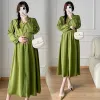 Klänningar 2024 Spring Long Loose Pregnant Women's Green Dress Lantern Sleeved Vneck High Maternity Dresses Plus Size Prebbelicity Clothes