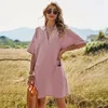 Partykleider V-Ausschnitt Kurzarm Frauen Casual Lose Taille Große Größe Mini Sommerkleid 2024 Vintage Taschen Rosa Home Damen Robe