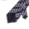 Neck Ties Neck Ties Hi-Tie Designer Grey Plaid Novelty Silk Wedding Tie For Men Handky Cufflink Gift Mens Necktie Fashion Business Party Dropshiping Y240325