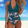 Costume da bagno da donna Monokini a blocchi di colore Costume intero alla moda con scollo all'americana con controllo della pancia Vita alta Senza schienale sexy per abbigliamento da spiaggia