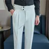 Estilo Britânico Outono Novas Calças de Cintura Alta Homens Cinto Design Slim Fit Terno Calças Escritório Social Festa de Casamento Calças Formais Hommes g1H2 #