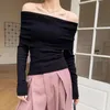 Black Solid Off Shoulder Elegant Long Sleeve Tops Korean Fashion Slim Sexy Cropped T Shirt Women Autumn Y2k Clothing Skinny Top 240321