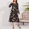 Vestidos casuais moda feminina sexy em torno do pescoço plissado manga longa alta wasit tie feminino elegante floral impressão maxi vestidos 2024