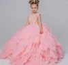 Vestidos de menina lindo rosa meninas rendas tule princesa exclusivo vestido de baile vestido de baile flor para casamento criança tamanho 1-14t