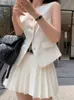 한국 패션 여름 주름 치마 2 조각 세트 여성 우아한 민소매 버튼 탑스 웨이드 다리 바지 정장 Y2K 캐주얼 의상 240309
