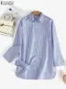 Zanzea mode kvinnor skjorta våren lapel hals långärmad blus avslappnad elegant ol arbetstoppar vintage randskjortor överdimensionerade 240322