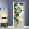 Autocollants 3D autocollant de porte papier peint Mural peint à la main bambou forêt oiseau photo Stickers muraux chambre salon porte autocollants décor à la maison