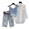 Dames Tweedelige Broek Zomer Brede Gratis Casual Beenbroek Wit Overhemd Golfbeha Vest Drie Elegante Set Trainingspak 230403