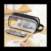 Grid Mesh Pencil Case 2 Compartment Pen Bags Clear Handheld Multifunction Pouch For Teen Students Black