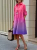 Casual Jurken Yeezzi Vrouwen Shirt Jurk 2024 Lente Mode Gradiëntkleur Lange Mouwen Revers Uitgaan Vakantie Midi