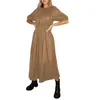 Party Dresses Puff Sleeve Dress Pu Leather Skater Kvinnor Midja Elastisk Long Lady Solid Color A-Line Maxi S-7XL