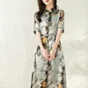 Festklänningar 2024 Summer Women's Chinese Style Ink Printing Elegant Real Silk A-Line Short Sleeved Vestidos