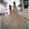 Robe de mariée sirène champagne scintillante, avec traîne détachable, manches longues, dos ouvert, grande taille