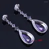 Dangle Earrings Precious Long Water Drop Purple Cubic Zirconia White CZ Silver Plated V0782