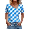 Blusas femininas xadrez impressão pulôver topos feminino topo elegante gola inclinada camiseta para ajuste solto manga curta verão