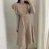 Casual Dresses Ruffle Belt Pollover Woman Jumper Dress Thick Sticked Winter Sweater Women 2024 Varma koreanska Solid Vestido Midi