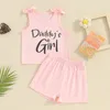 Kleidungssets Kleines Baby Mädchen Sommer Rundhals ärmelloses Briefdruck elastische Schleife Tanktops mit einfarbigen Shorts Outfit Kleidungsset