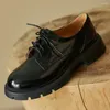 Casual Shoes Women's äkta läder tjocka ensamplattformlägenheter Lace-up Oxfords Round Toe Kvinnlig mjuk bekväm espadrilles