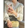 Vintage Französisch Frauen Shirts Spitze Lolita Elegante Langarm Volant Bluse Hohe Qualität Büro Dame Mode Chic Weibliche Tops 240318
