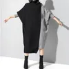 Vestidos casuais preto cinza tricô batwing manga longa vestido mulheres gola alta solta ajuste patchwork moda maré outono inverno 2024