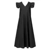 Casual Dresses Women Loose Denim Ruffles Short Sleeve Long Dress Holiday V-Neck Summer Maxi Robes Longues