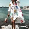 Beach Dress Bikini CoverUp Women 2023 Bohemian Printed Beachwear Robe VNeck Long Sleeve Swim Wear Cover Ups Loose Sundress 240320