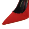 Pumpar 5 färger kortfattade kvinnors OL Office Shoes 2023 Ny show Thin Women Pumpar Solid Flock Pointed Toe Grunt Fashion High Heels Shoes