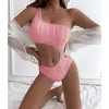 Traje de baño para mujer Sexy Rib Un hombro Mujer Pieza Traje de baño 2024 Traje de baño de cintura alta Corte Natación para ropa de playa Monokini