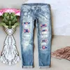 Damen Jeans Damen Independence Day Print Zerrissene Hosen Sport Solid Casual Baggy Streetwear