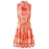 Casual jurken zomer runway modeontwerper dames vintage print opstaande kraag knop nagel kraal mouwloze sjerpen jurk