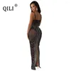 Lässige Kleider QILI-Sexy Durchsichtiges Strasskleid Spaghettiträger Transparentes Netz Elegante Dame Vestidos