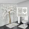 Curtains White Floral Shower Curtain Set Butterfly Green Leaves Plant Flowers Home Bathroom Decor Non Slip Rug Bath Mats Toilet Lid Cover
