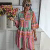 Kvinnor Sexig V Neck Ruffles Boho Mini Dress Spring Vintage Retro Print Aline Holiday Casual Fall 34 Flare Sleeve Loose Dresses 240321