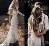 Vestidos de novia bohemios con espalda descubierta de sirena Vintage con cuello en V y manga casquillo de encaje de algodón de ganchillo vestido de novia de bosque y campo