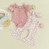 Giyim Setleri FocusNorm 0-18m bebek kız Giysileri 3pcs Kısa Kollu Yay Katı Şeritli Romper Çiçekler Baskı Flare Pants Kafa Bandı