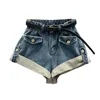 Damen-Shorts, hoch tailliert, Denim, für Damen, A-Linie, weites Bein, lässig, gerollte Kanten, Sommer, locker, passend für die Straße