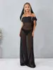 Casual Dresses Women s Sexy Mesh Sheer Swimsuit Cover -ups Long Beach stropplös Se genom klänning