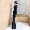 Luxury Evening Dresses Fashion Design Side Split Ruffles Tulle Mermaid Prom Dress Glitter Sequins Backless Formal Party Gowns