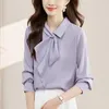 Blouses Femmes Col Écharpe Femmes Chemisier En Mousseline De Soie Tempérament À La Mode À Manches Longues Couleur Unie Bureau Dame Volants Chemise Violet Top