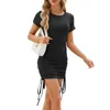 Party Dresses Women'S Summer Short Sleeve Dress Round Neck Pleated Drawstring Hip Wrap Women Commuting Mini Robe Sexy