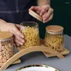 Storage Bottles Modern Glass Seasoning Jar With Bamboo Wooden Shelf Home Sealed Salt Pepper Box Moisture-proof Snack