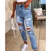 Women's Jeans Pocket Cutout Ripped Elegant Women Vintage High Waist Straight Hole Denim Pants Y2K Chic Boyfriend Trousers For