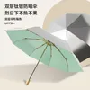Umbrellas Large Solid Wood Handle Double Titanium Silver Umbrella Sunny And Rainy 3 Folding Windproof UV UPF50 Sunshade