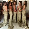 Gold Sequined Bling Sparkly Mermaid Bridesmaid Dresses Backless Slit Plus Size Maid Of The Honor Gowns Wedding Dress